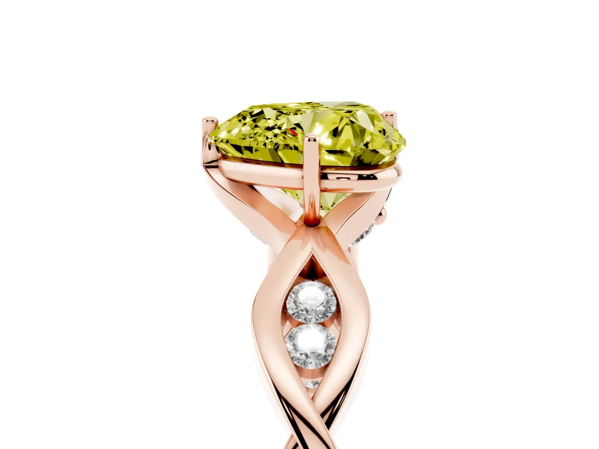 Fancy Yellow Heart Cut Solitaire Twist Band with Leaf Prong Setting Rose gold