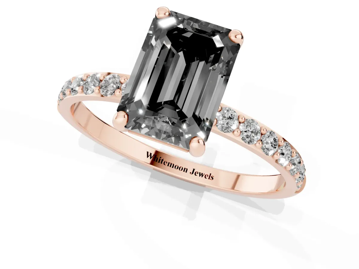 Fancy Black Emerald Cut Diamond Solitaire Ring with Round Pavé Band and Prong Setting Rose gold