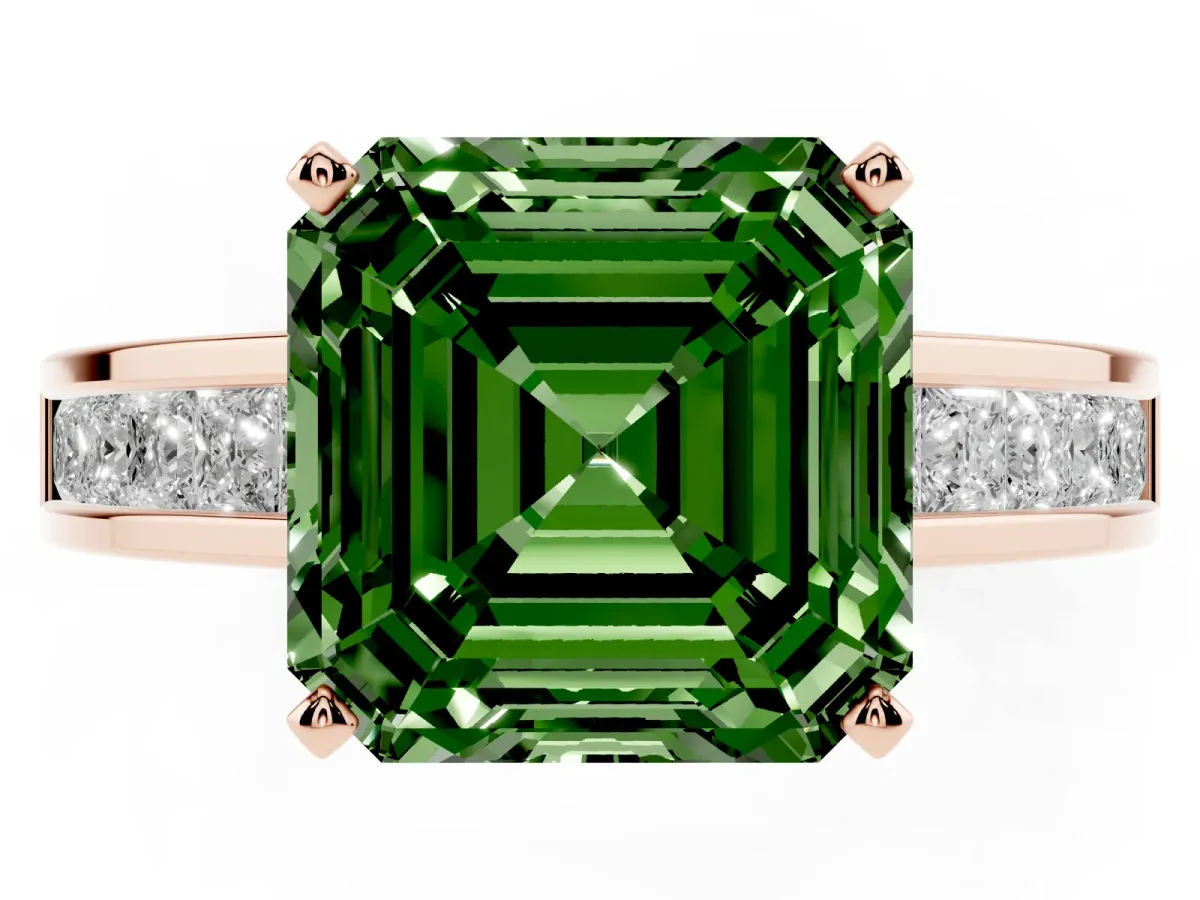 Fancy Green Asscher Cut Solitaire Diamond Ring with Channel-Set Band and Four-Prong Setting Rose gold