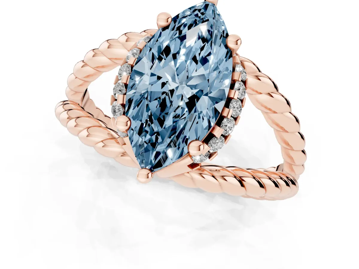 Fancy Blue Marquise Cut Halo Twisted Band Four-Prong Ring Rose gold