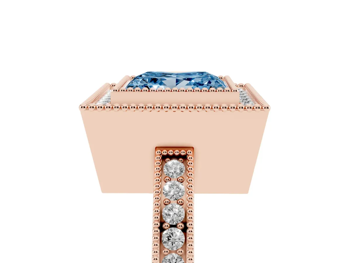 Fancy Blue Princess Cut Cut Halo Diamond Ring with Pavé Band and Milgrain Prong Setting Rose gold