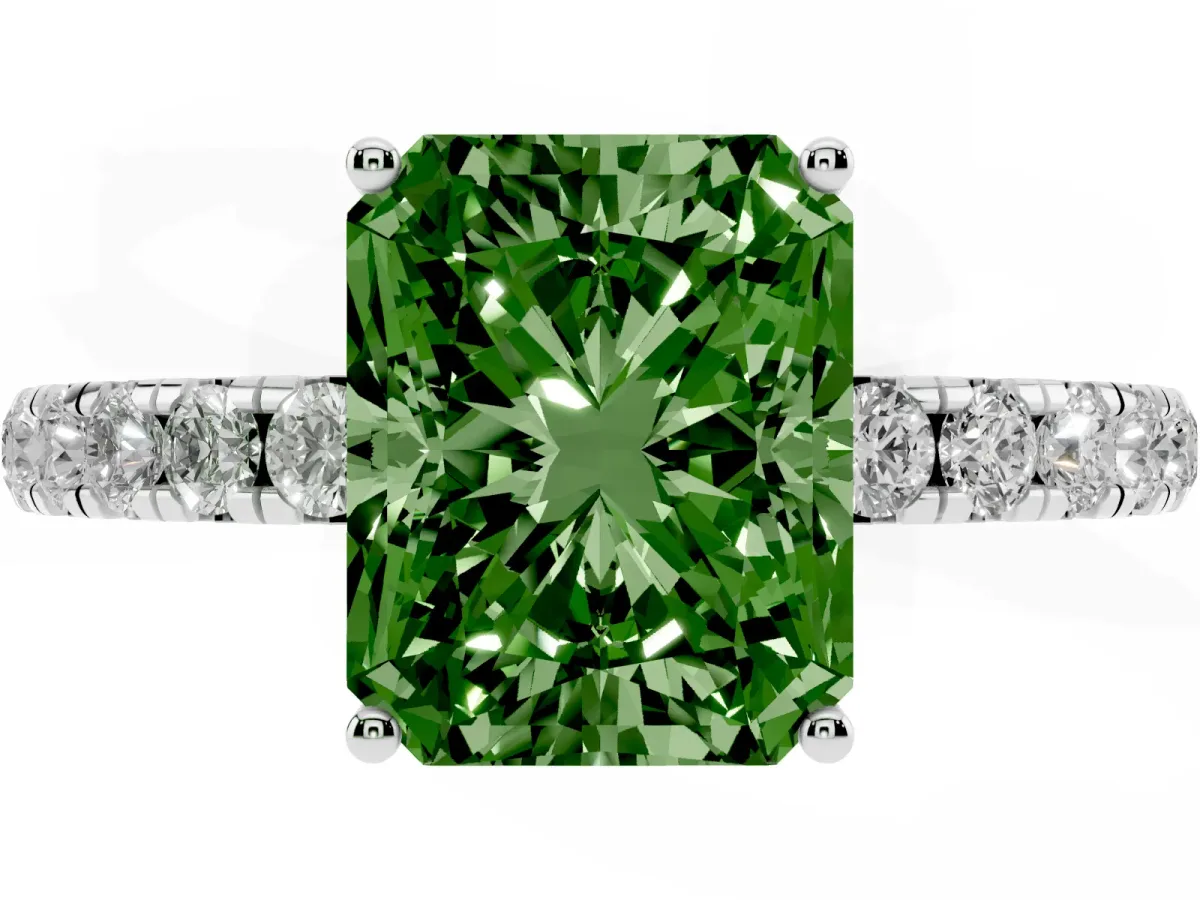 Fancy Green Radiant Cut Diamond Pavé Solitaire Engagement Ring with Four-Prong Setting Silver