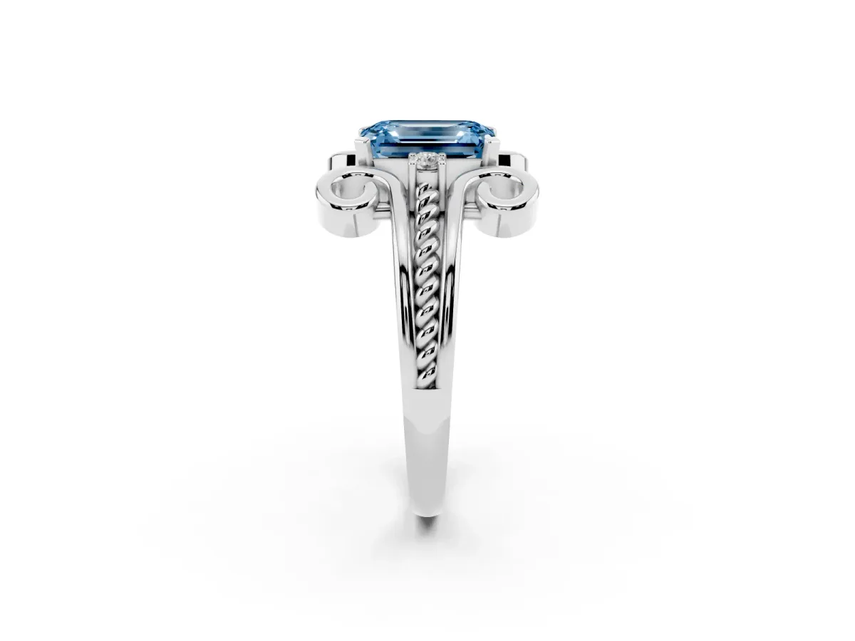 Fancy Blue Emerald Cut Solitaire Twisted Band Scroll Prong Ring Platinum
