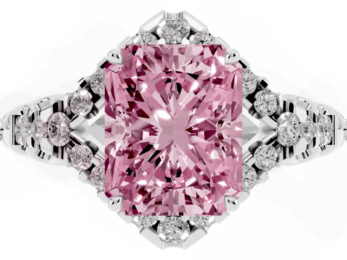 Fancy Pink Radiant Cut Diamond Solitaire Ring with Hidden Halo and Pavé Band Silver