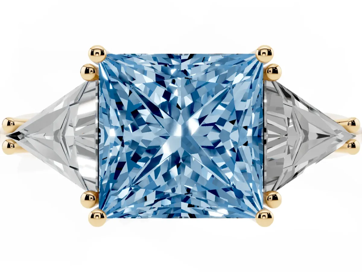 Fancy Blue Three-Stone Princess Cut Diamond Engagement Ring with Trillion Side Stones and Prong Setting Yellow gold
