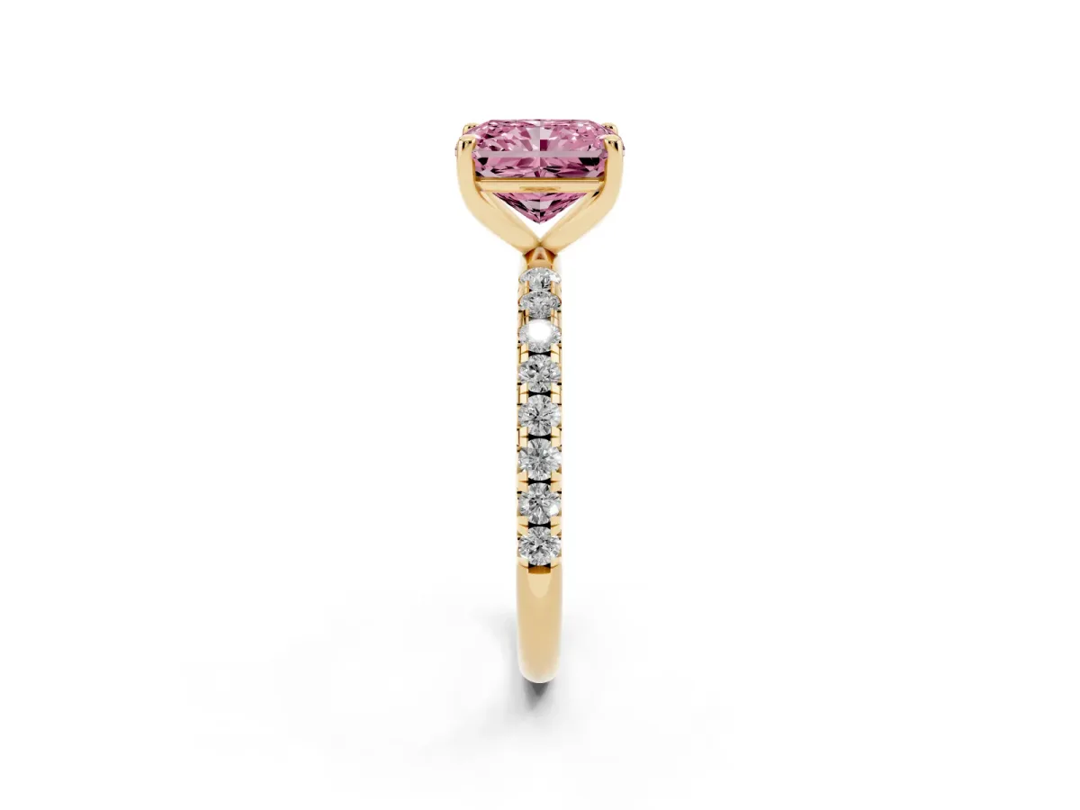 Fancy Pink Radiant Cut Cut Diamond Solitaire Ring with Micro Pave Band and Four Prong Setting Yellow gold