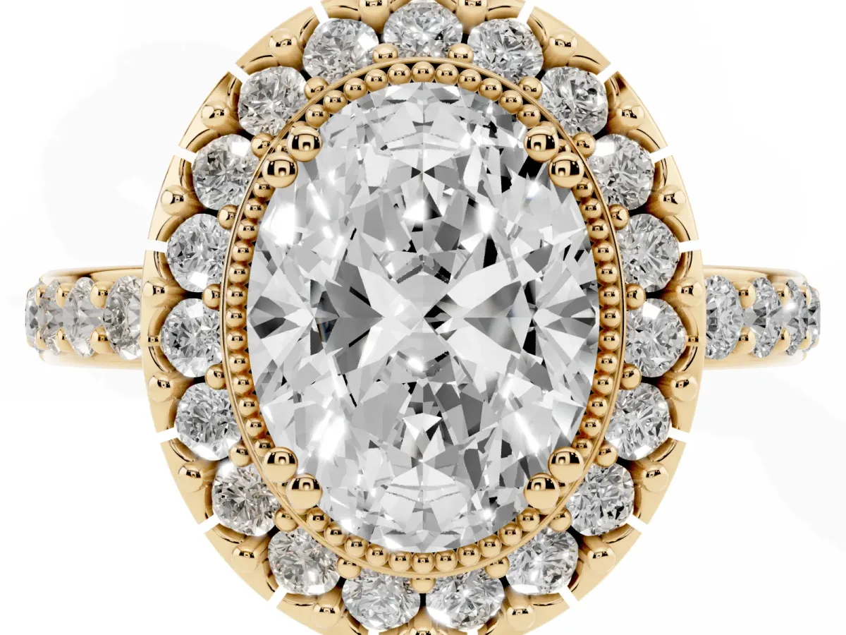 Oval Cut Diamond Halo Ring with Pavé Band and Prong Setting Yellow gold