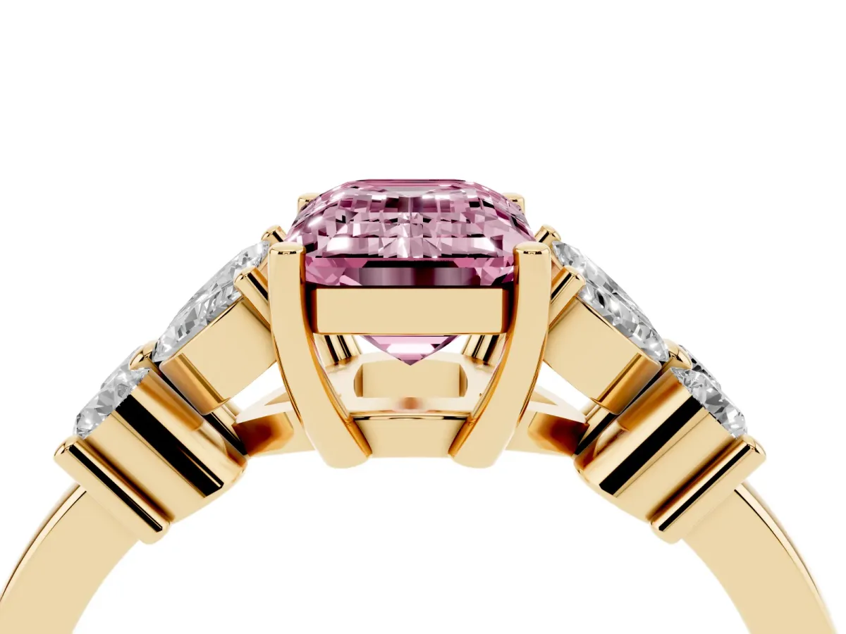 Fancy Pink Emerald Cut Diamond Floral Cluster Ring with Solitaire Band and Prong Setting Yellow gold