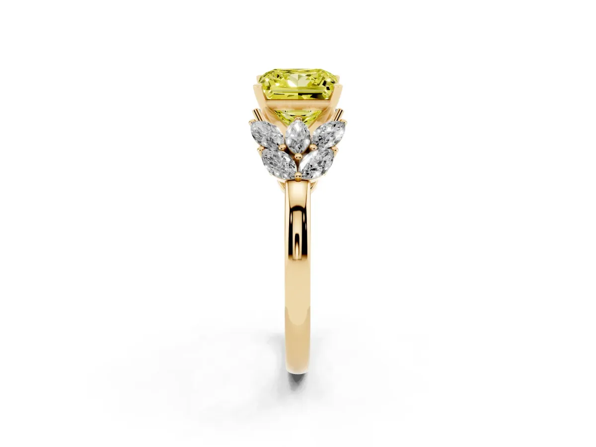 Fancy Yellow Princess Cut Diamond Cluster Leaf Design Ring with Prong Setting Yellow gold