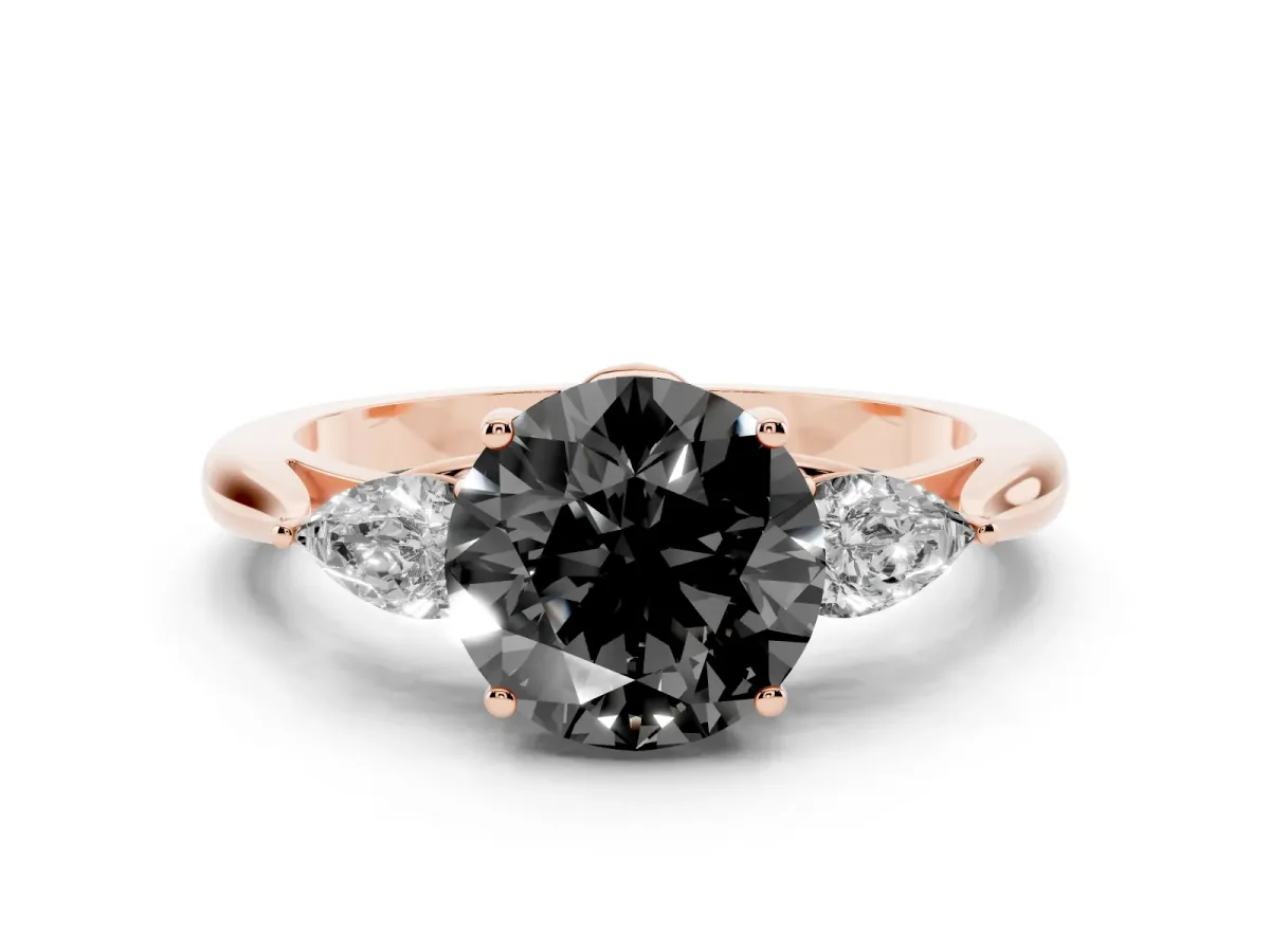 Fancy Black Round Cut Diamond Three-Stone Ring with Pear Side Stones and Prong Setting Rose gold