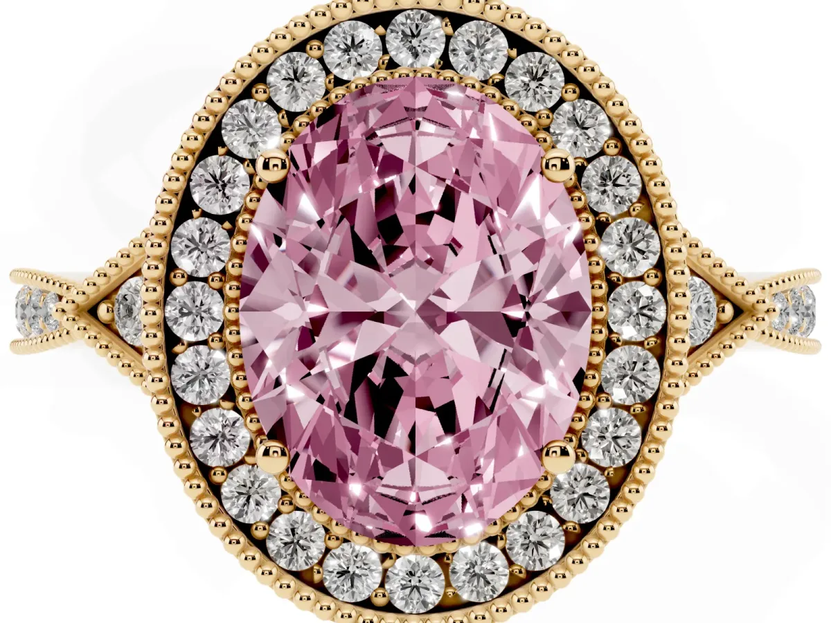 Fancy Pink Oval Cut Halo Round Diamond Milgrain Pave Engagement Ring Yellow gold