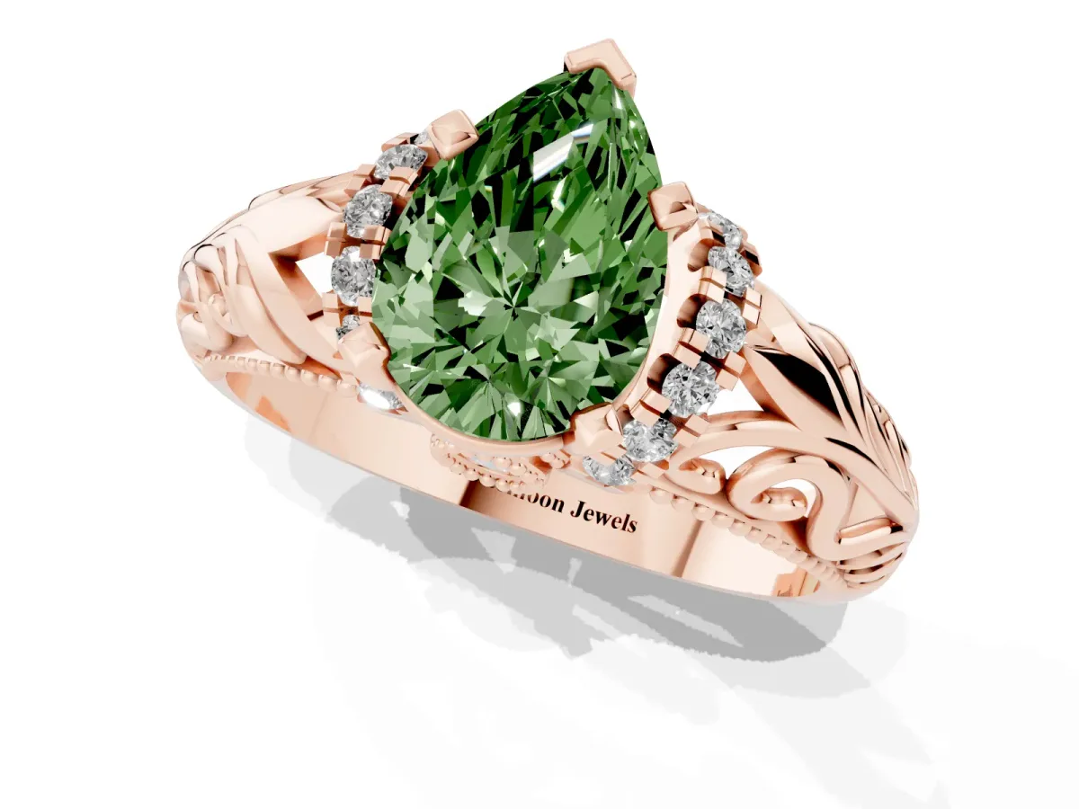 Fancy Green Pear Cut Solitaire Filigree Engagement Ring with Halo and Prong Setting Rose gold