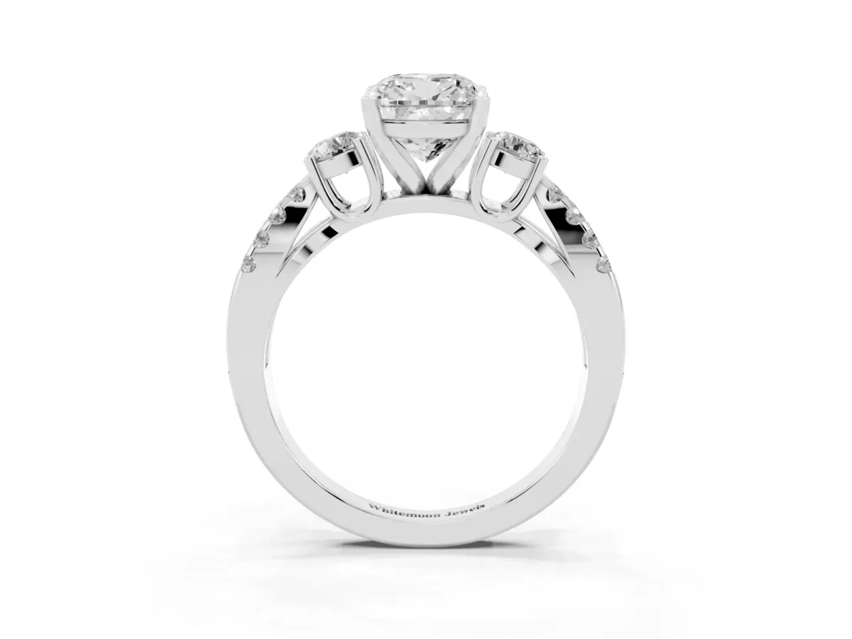 Cushion Cut Diamond Three-Stone Ring with Pavé Split Shank and Four-Prong Setting Silver