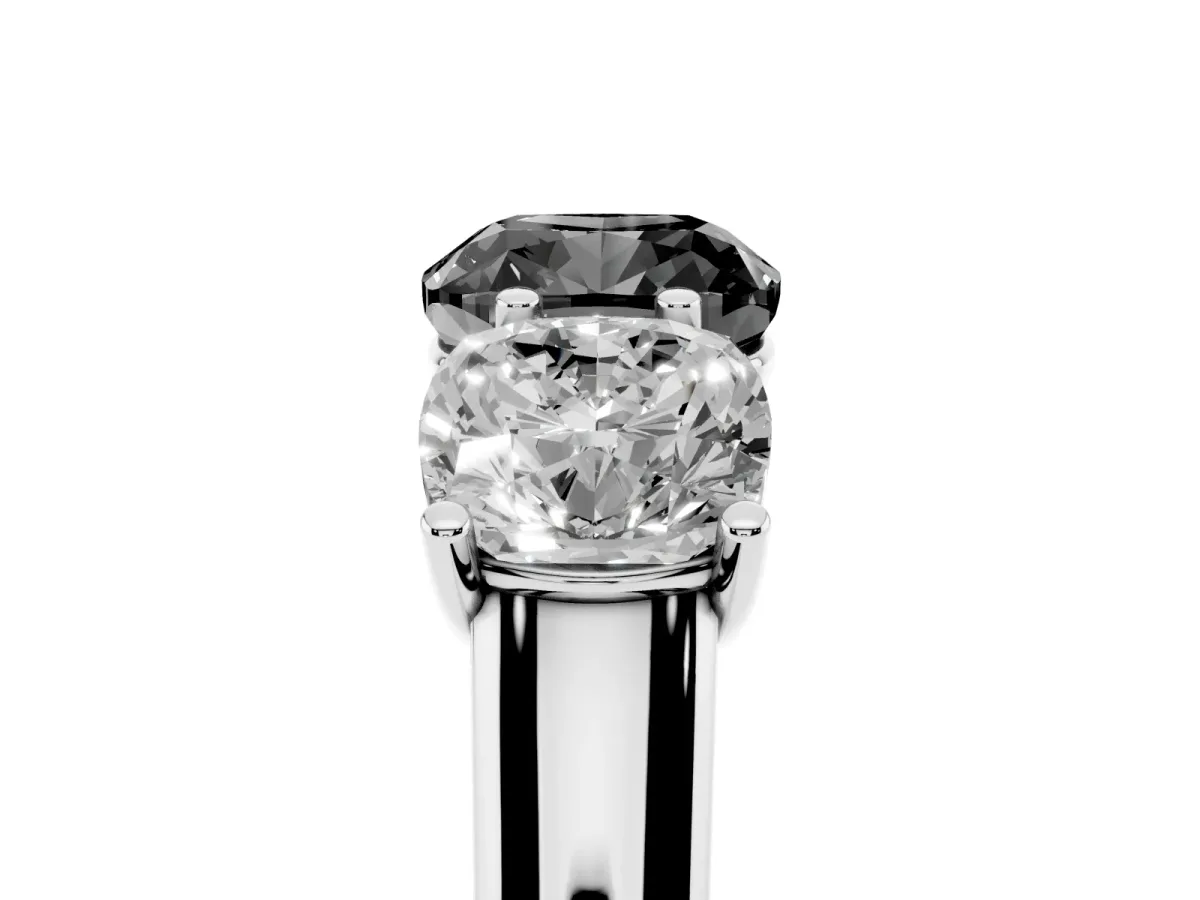 Fancy Black Cushion Cut Three-Stone Diamond Ring with Prong Setting on a Classic Band Platinum