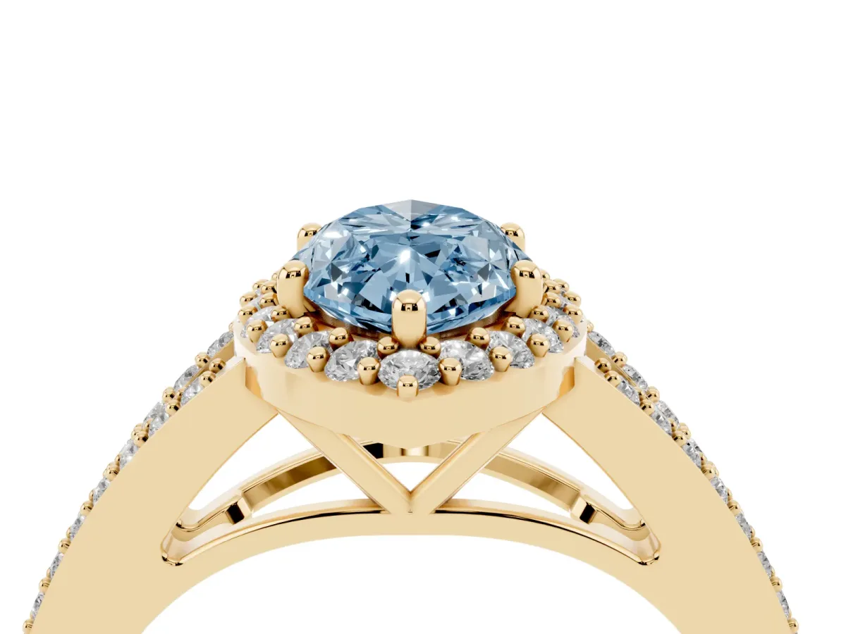 Fancy Blue Marquise Cut Halo Split Shank Diamond Ring with Prong Setting Yellow gold