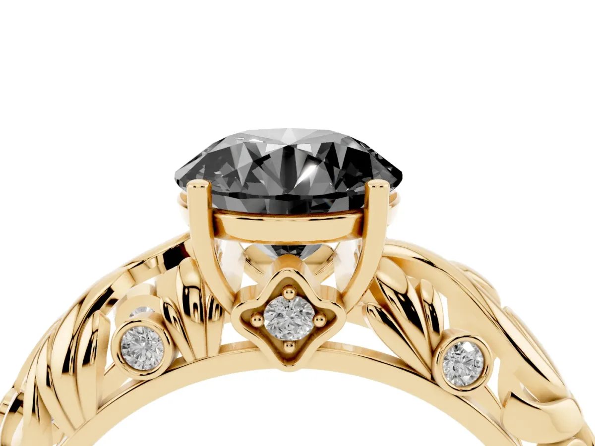Fancy Black Round Cut Solitaire Diamond Leaf-Inspired Vine Band Ring with Prong Setting Yellow gold