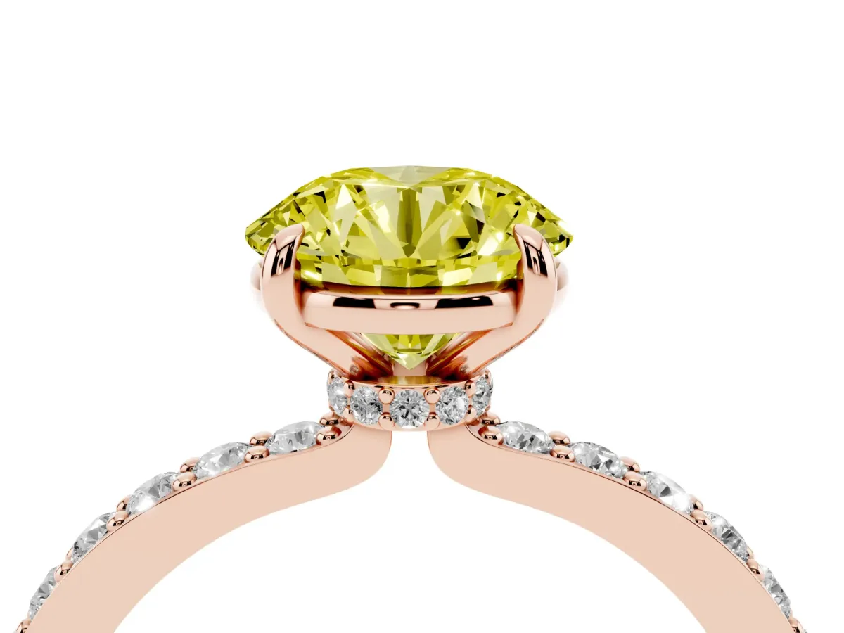 Fancy Yellow Round Cut Diamond Pavé Engagement Ring with Round Accents and Prong Setting Rose gold