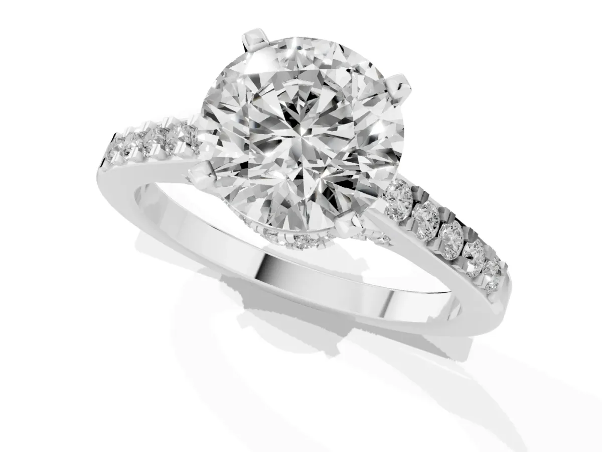 Round Cut Diamond Solitaire Ring with Crossover Gallery and Round Pavé Band Platinum