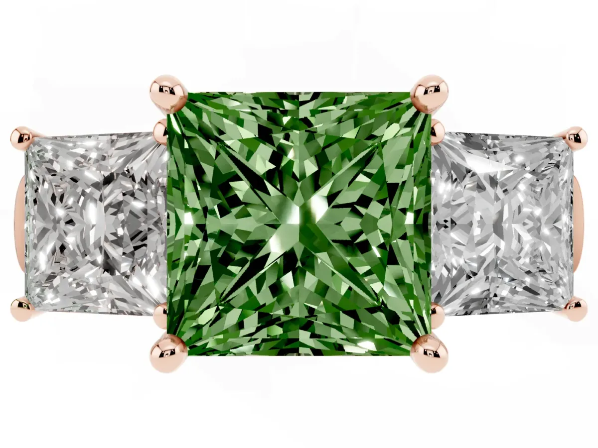 Fancy Green Three-Stone Princess Cut Brilliant Diamond Trellis Ring with Comfort Fit Band Rose gold