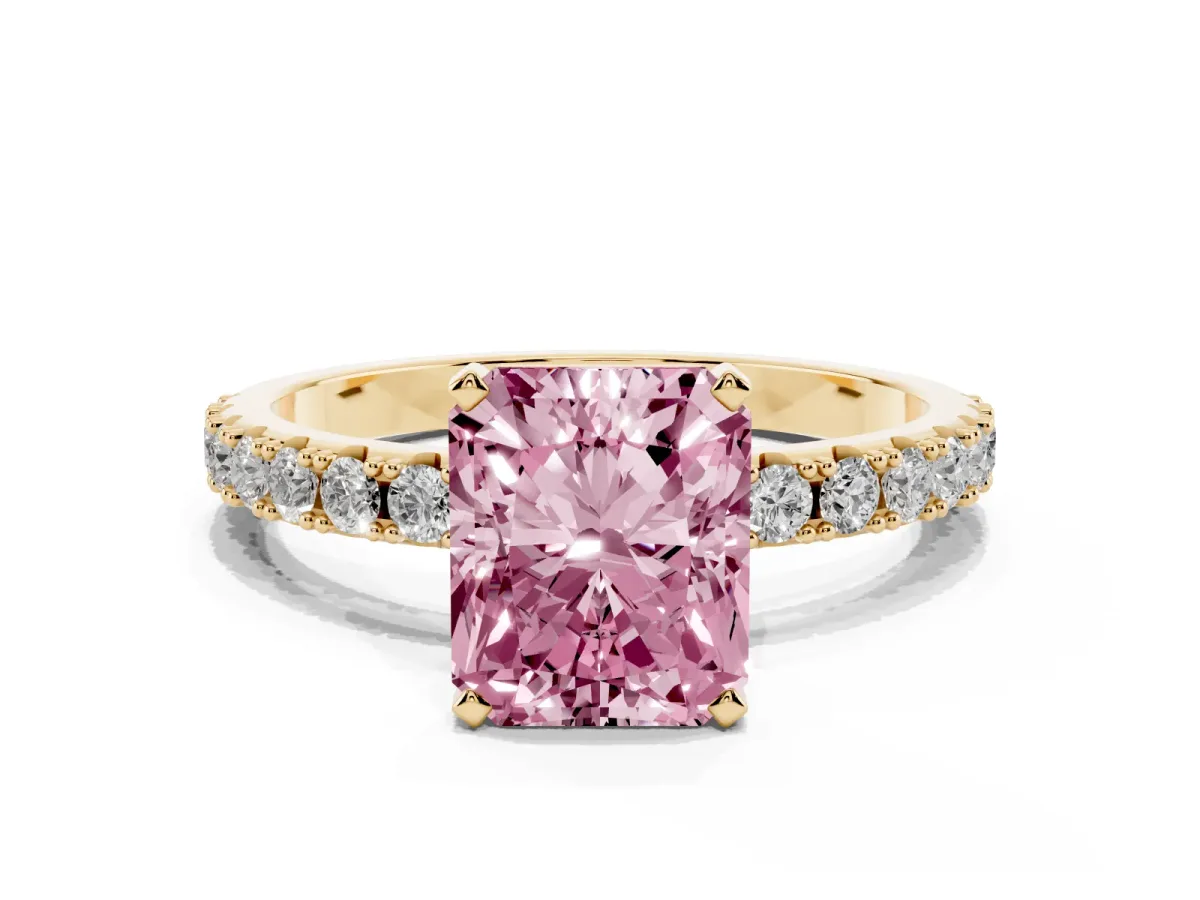 Fancy Pink Radiant Cut Diamond Solitaire Pavé Band with Four-Prong Setting Yellow gold