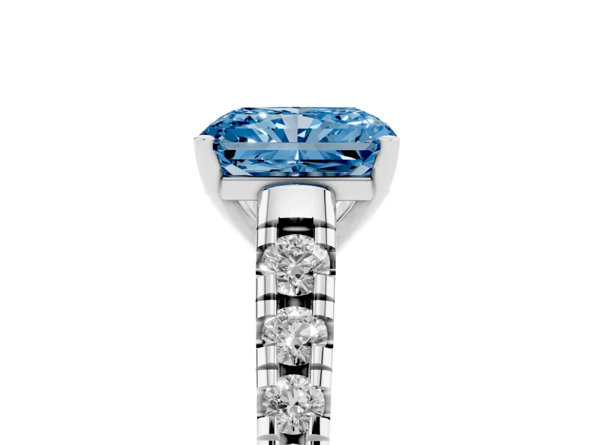 Fancy Blue Radiant Cut Diamond Cathedral Solitaire Ring with Round Pavé Band Silver