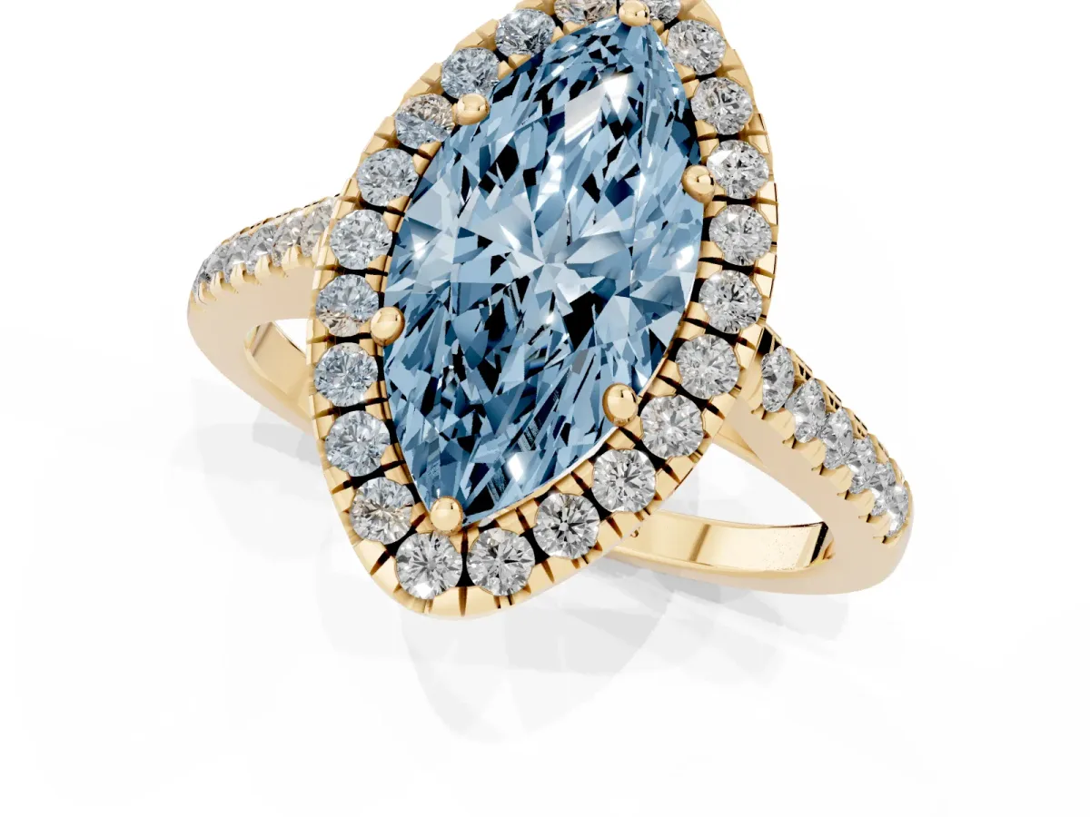 Fancy Blue Marquise Cut Halo Pavé Diamond Engagement Ring with Four-Prong Setting Yellow gold