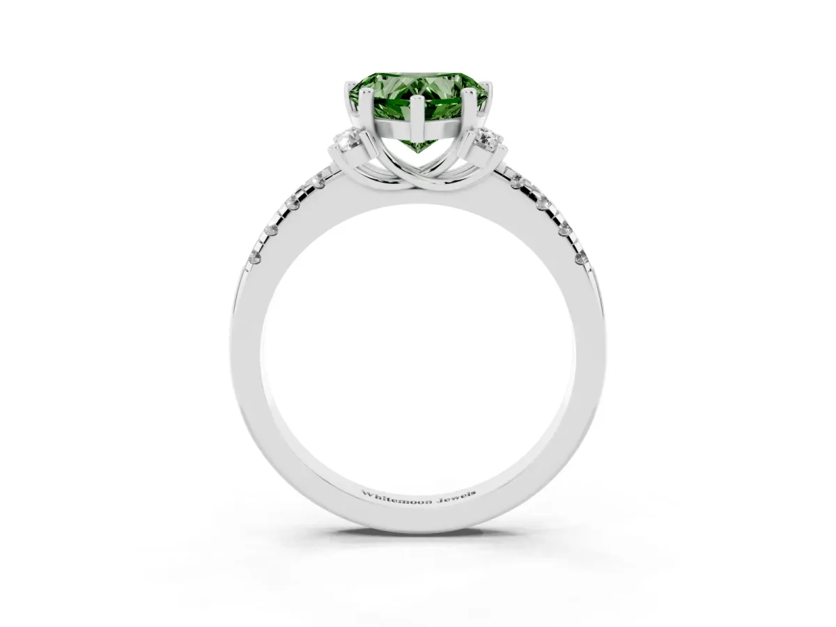 Fancy Green Heart Cut Diamond Three-Stone Pave Band with Four-Prong Setting Silver