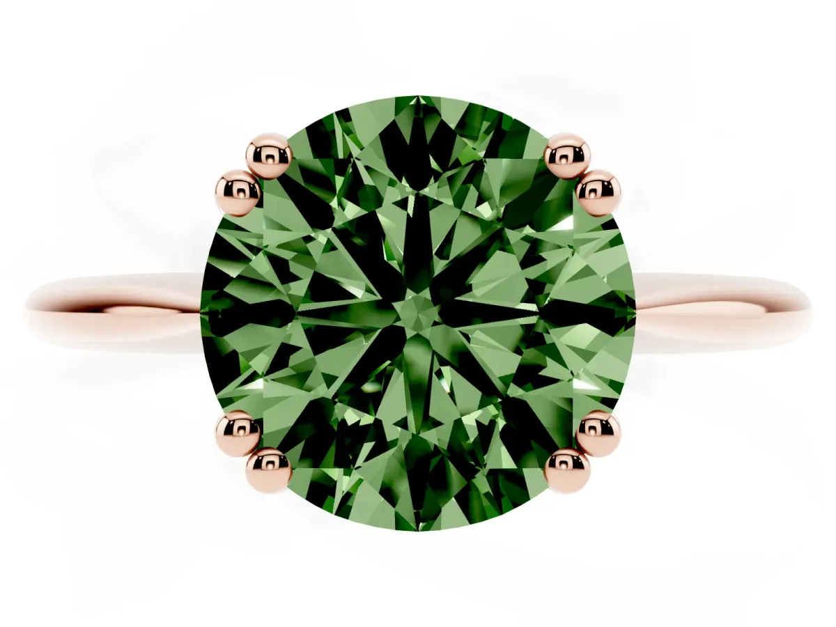 Fancy Green Round Cut Solitaire Diamond Ring with Six-Prong Setting and Classic Band Rose gold