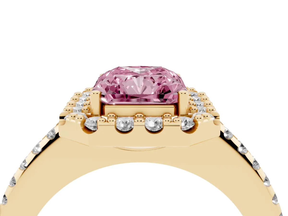Fancy Pink Radiant Cut Diamond Pavé Halo Ring with Four-Prong Setting Yellow gold