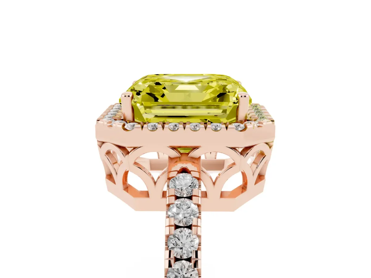 Fancy Yellow Asscher Cut Halo Diamond Engagement Ring with Pavé Band and Four-Prong Setting Rose gold