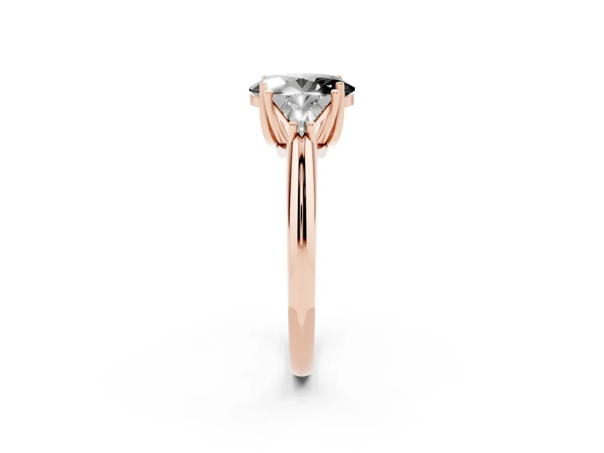 Fancy Black Three-Stone Oval Cut Diamond Engagement Ring with Trillion Side Stones and Prong Setting Rose gold