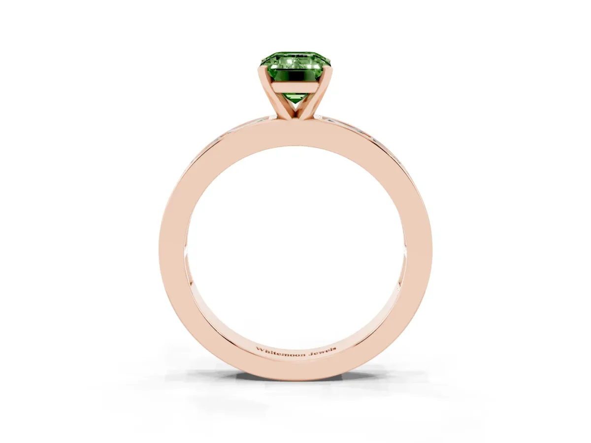 Fancy Green Emerald Cut Solitaire Diamond Ring with Channel-Set Baguette Band and Four-Prong Setting Rose gold