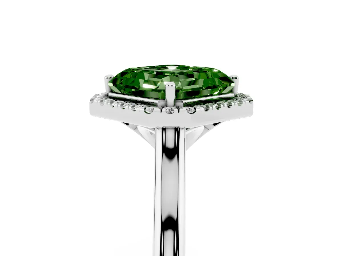 Fancy Green Asscher Cut Halo Round Diamond Solitaire Engagement Ring with Pave Band and Four-Prong Setting White gold