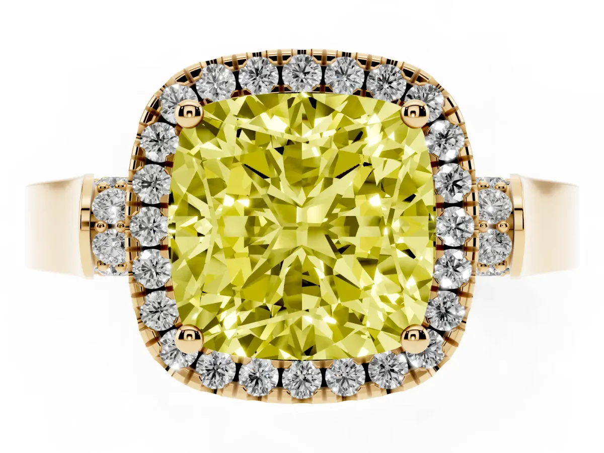 Fancy Yellow Cushion Cut Halo Pave Split Shank Prong Setting Ring Yellow gold