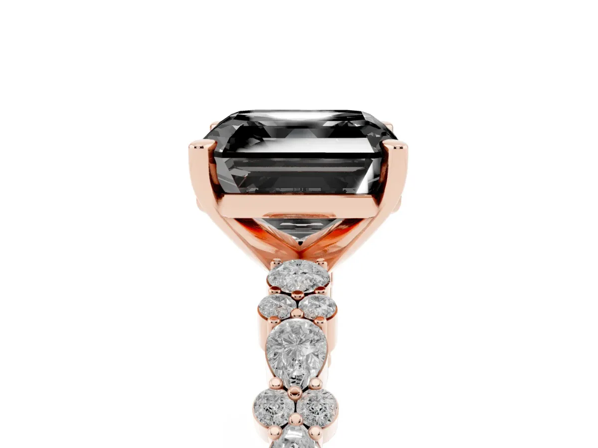 Fancy Black Asscher Cut Diamond Side Stone Solitaire Ring with Round and Four-Prong Setting Rose gold