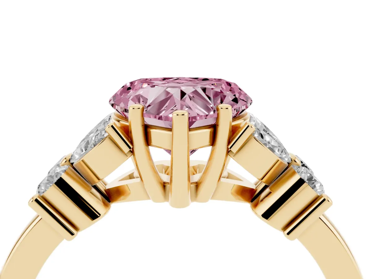 Fancy Pink Heart Cut Diamond Floral Cluster Ring with Solitaire Band and Prong Setting Yellow gold