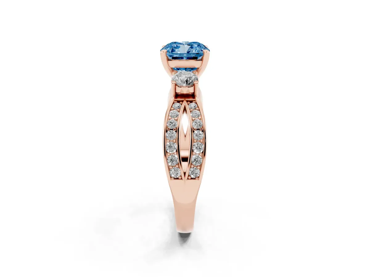 Fancy Blue Three-Stone Cushion Cut Cut Diamond Twist Band with Prong Setting Rose gold