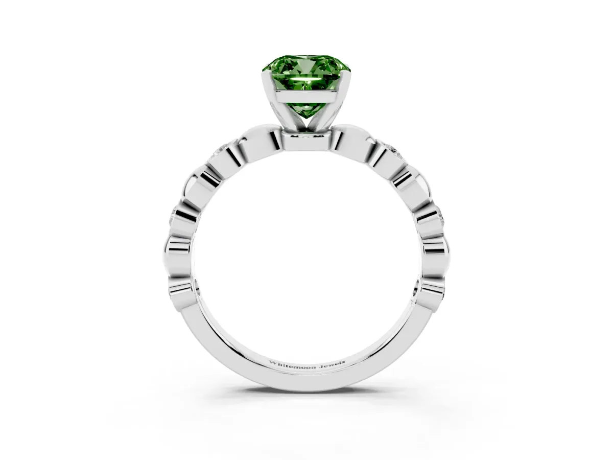 Fancy Green Cushion Cut Solitaire Bezel-Set Diamond Ring with Beaded Band and Four-Prong Setting Silver