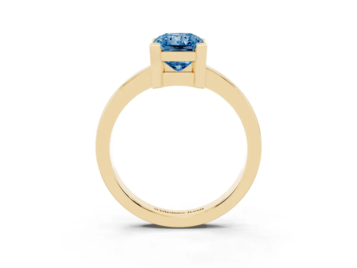 Fancy Blue Radiant Cut Cut Solitaire Ring with Four-Prong Setting and Classic Band Yellow gold