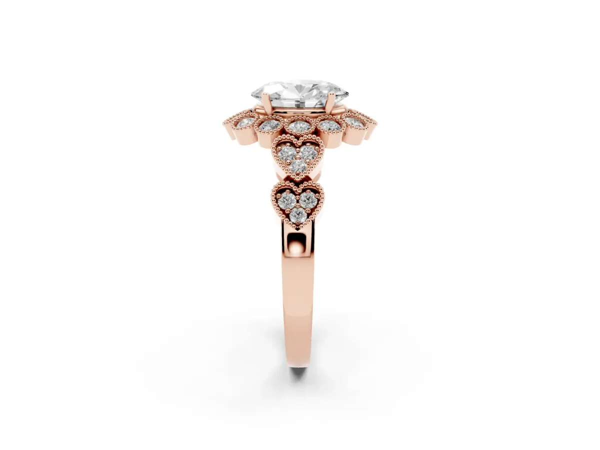 Oval Cut Brilliant Milgrain Pave Heart Band Solitaire Ring Rose gold