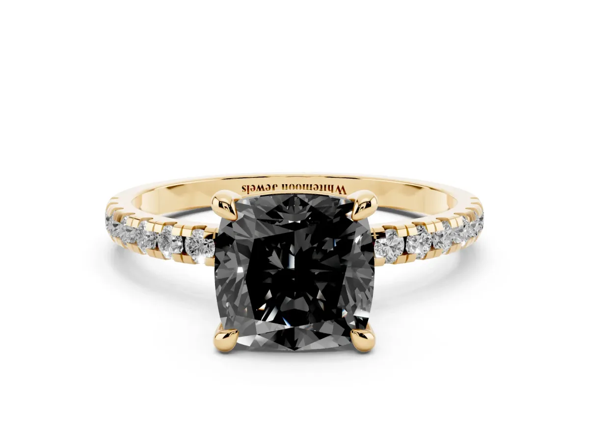 Fancy Black Cushion Cut Diamond Brilliant Solitaire Ring with Pavé Band and Four-Prong Setting Yellow gold
