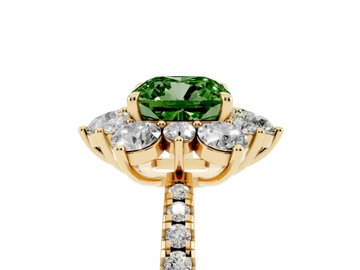 Fancy Green Cushion Cut Diamond Floral Halo Ring with Round Pavé Band and Prong Setting Yellow gold