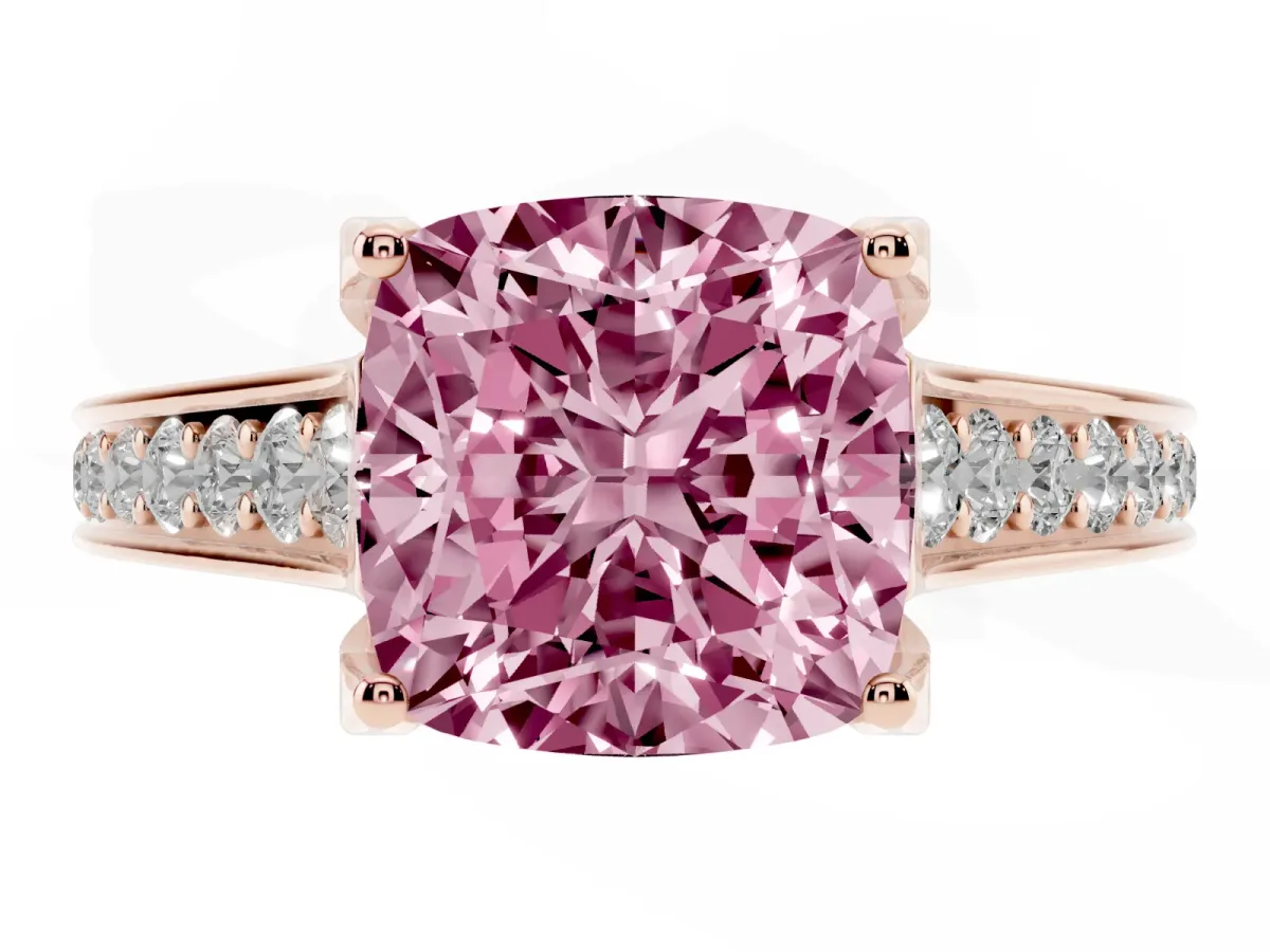 Fancy Pink Cushion Cut Brilliant Cut Diamond Engagement Ring with Pavé Band and Four-Prong Setting Rose gold