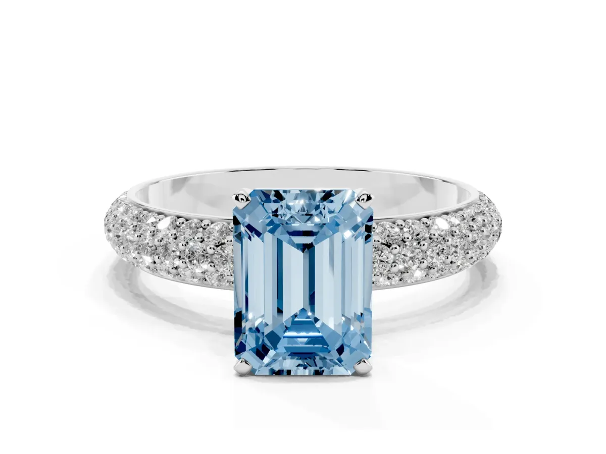 Fancy Blue Emerald Cut Diamond Solitaire Ring with Prong Setting and Pavé Band Silver