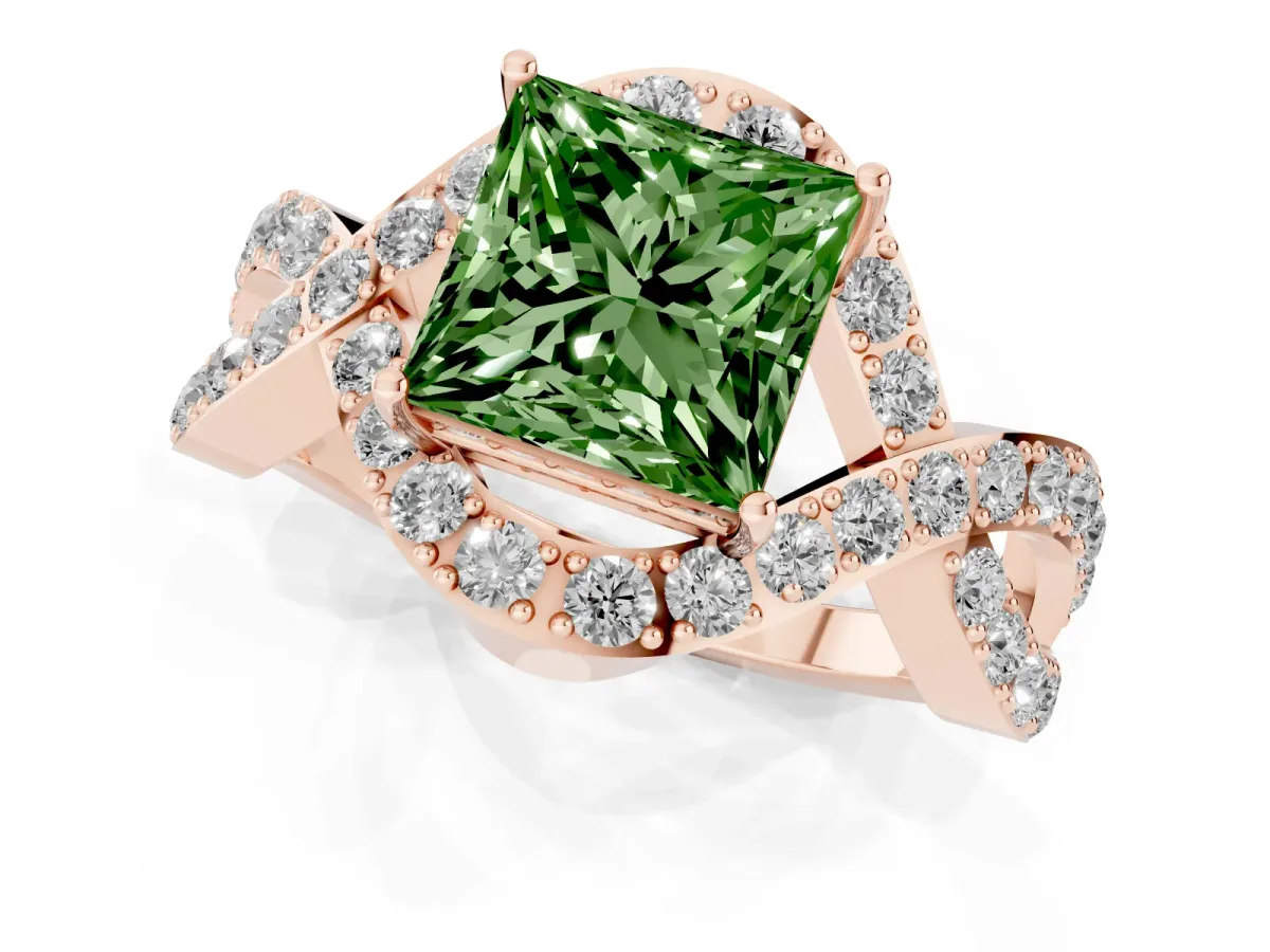 Fancy Green Princess Cut Solitaire Twist Band Pavé Diamond Engagement Ring Rose gold