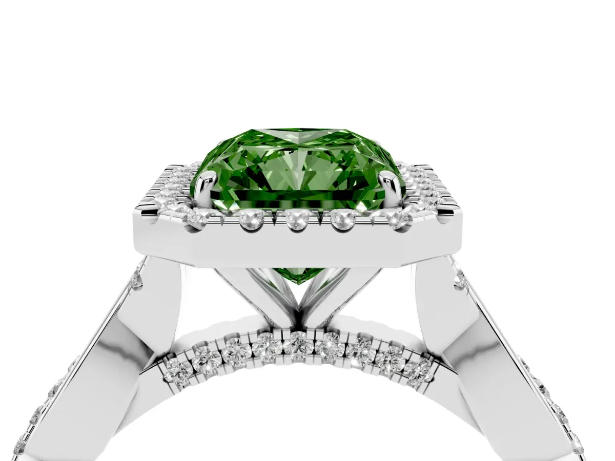 Fancy Green Radiant Cut Halo Twist Band Solitaire Ring Silver