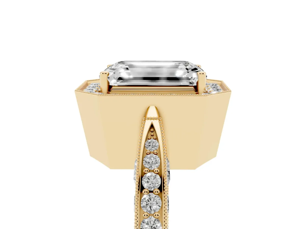 Emerald Cut Halo Diamond Engagement Ring with Split Shank Band and Four-Prong Setting Yellow gold