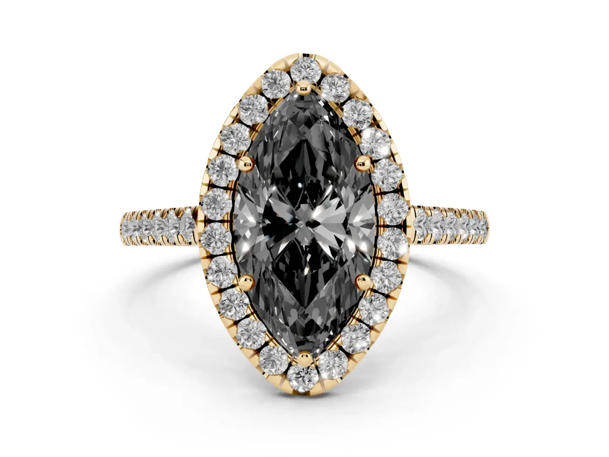 Fancy Black Marquise Cut Halo Pave Diamond Engagement Ring with Four-Prong Setting Yellow gold