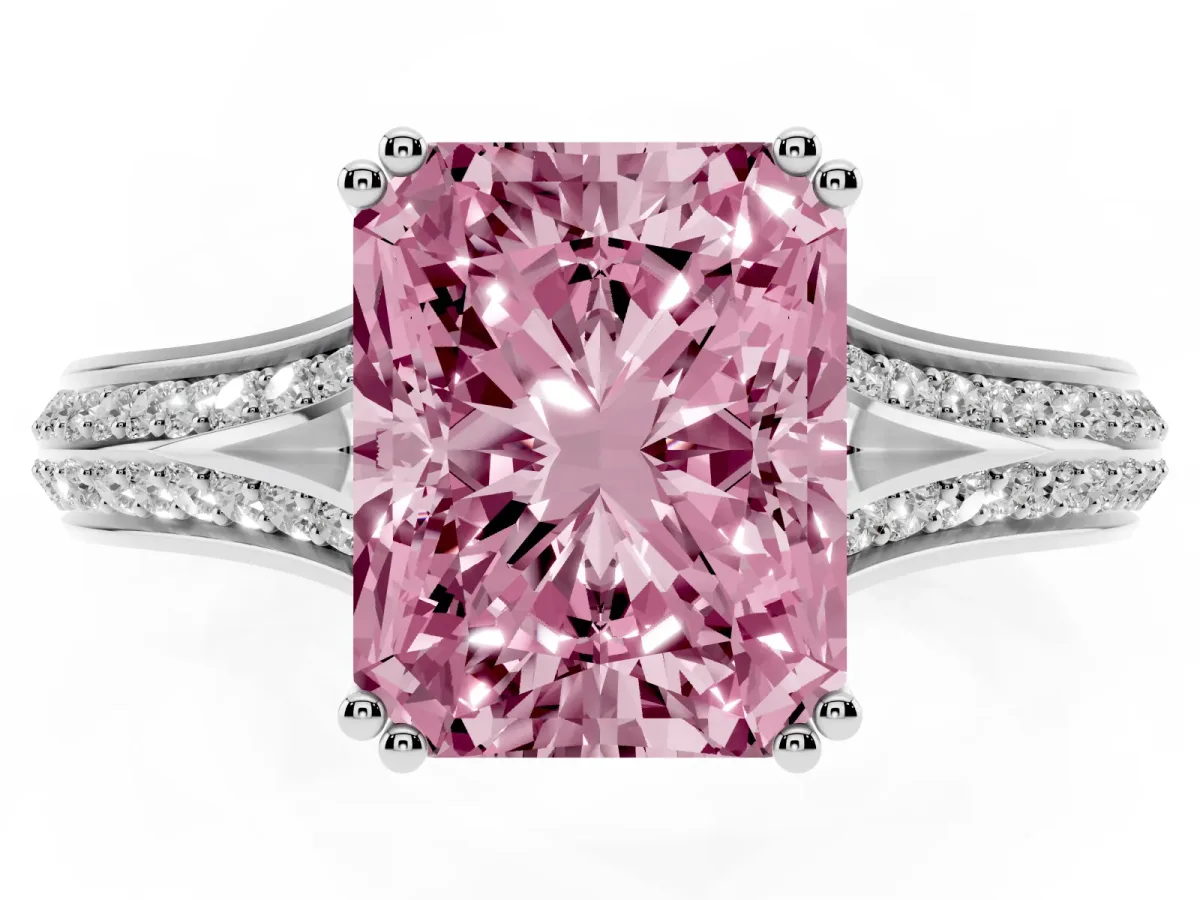 Fancy Pink Radiant Cut Diamond Split Shank Engagement Ring with Pavé Band Platinum