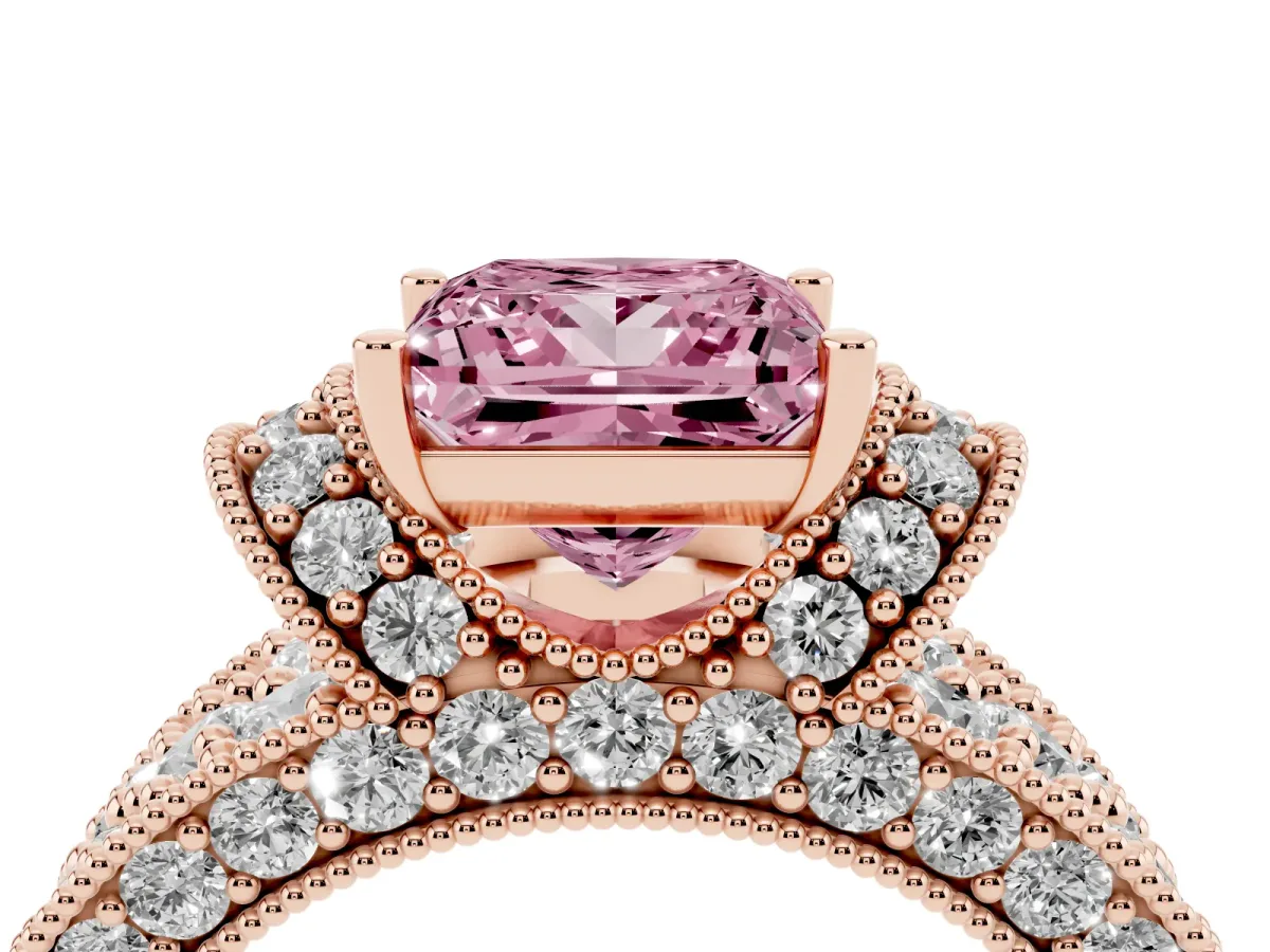 Fancy Pink Princess Cut Halo Pave Diamond Engagement Ring with Milgrain Detailing Rose gold
